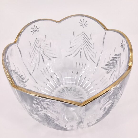 Mikasa Christmas Tree & Star Holiday Crystal Bowl Scalloped Gilt Edges Hexagon - Picture 8 of 10